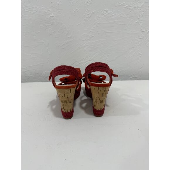 Prada Suede Bow Logo Accent Wedge Slingback Espadrille Sandals Rust Size 37.5 - Picture 4 of 5